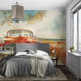Retro car mural wallpaper making a statement in a teen bedroom setup
