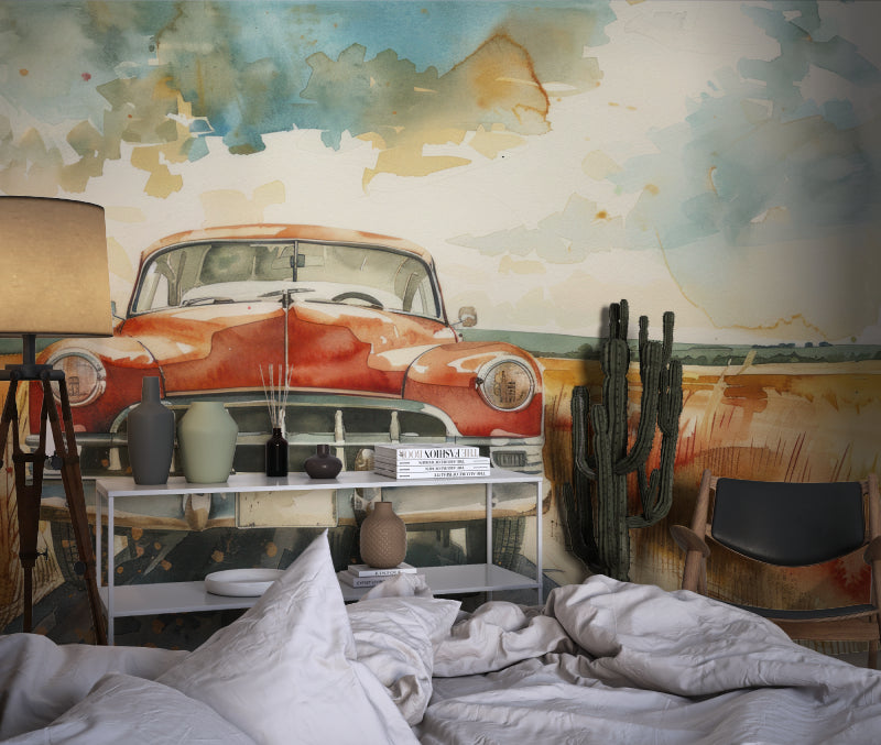 Classic automobile wallpaper enhancing a man cave with atmospheric lighting