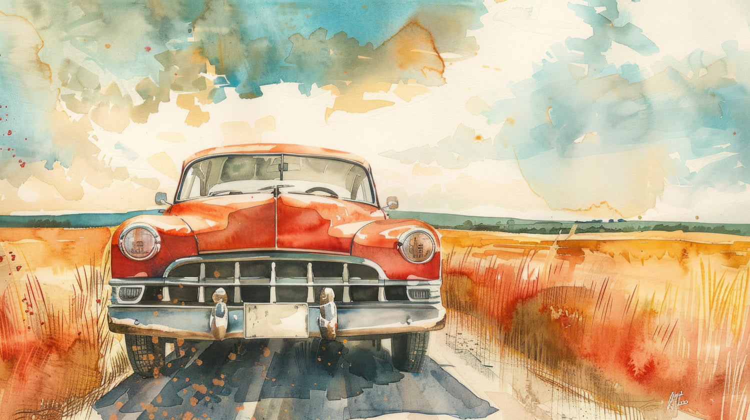 Vintage car wallpaper design file showing detailed watercolor pattern and rich color palette