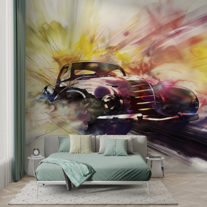 Vintage car mural wallpaper in modern living room, watercolor design adding dramatic flair to contemporary space