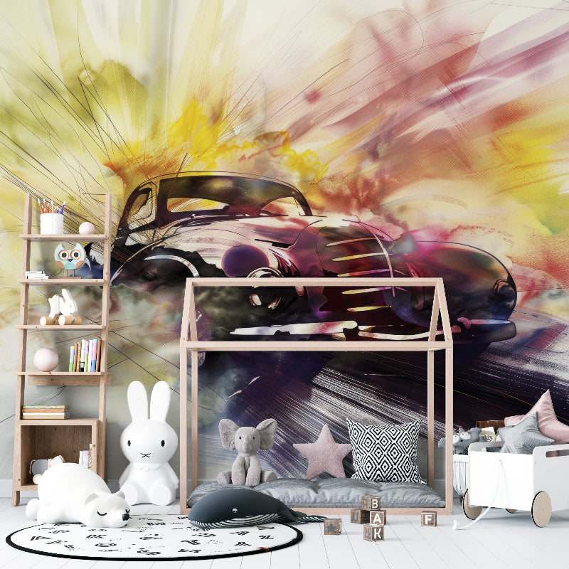 Classic car wallpaper installation in home office showing vibrant watercolor effects