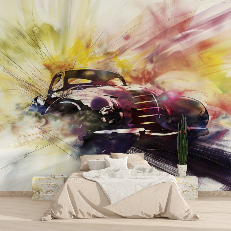 Vintage automobile wall mural creating focal point in dining room setting