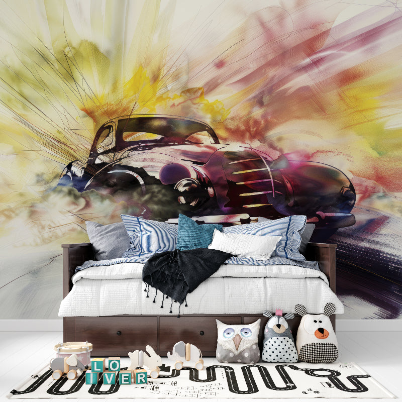 Watercolor car mural display in man cave showing rich color depth