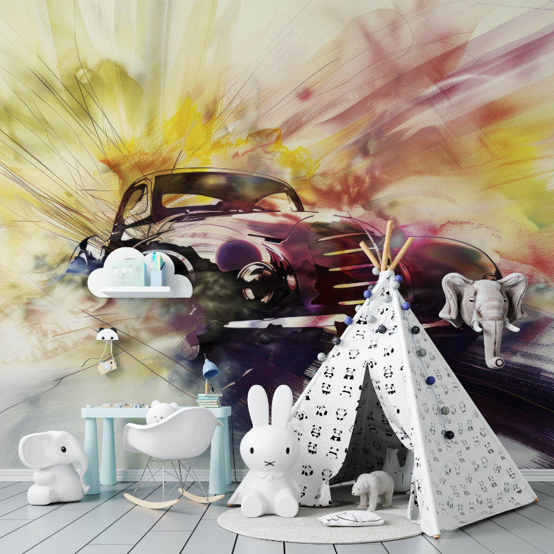 Classic car wallpaper featured in garage lounge space