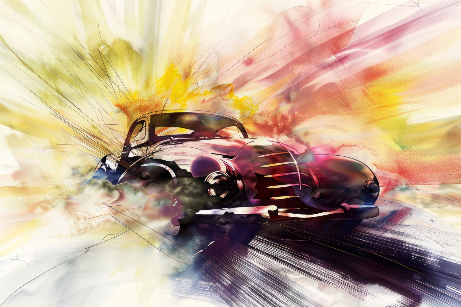 Vintage car wallpaper design file showing detailed watercolor pattern and dynamic composition