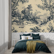 Black and beige castle toile wallpaper in a modern dining room with crystal chandelier