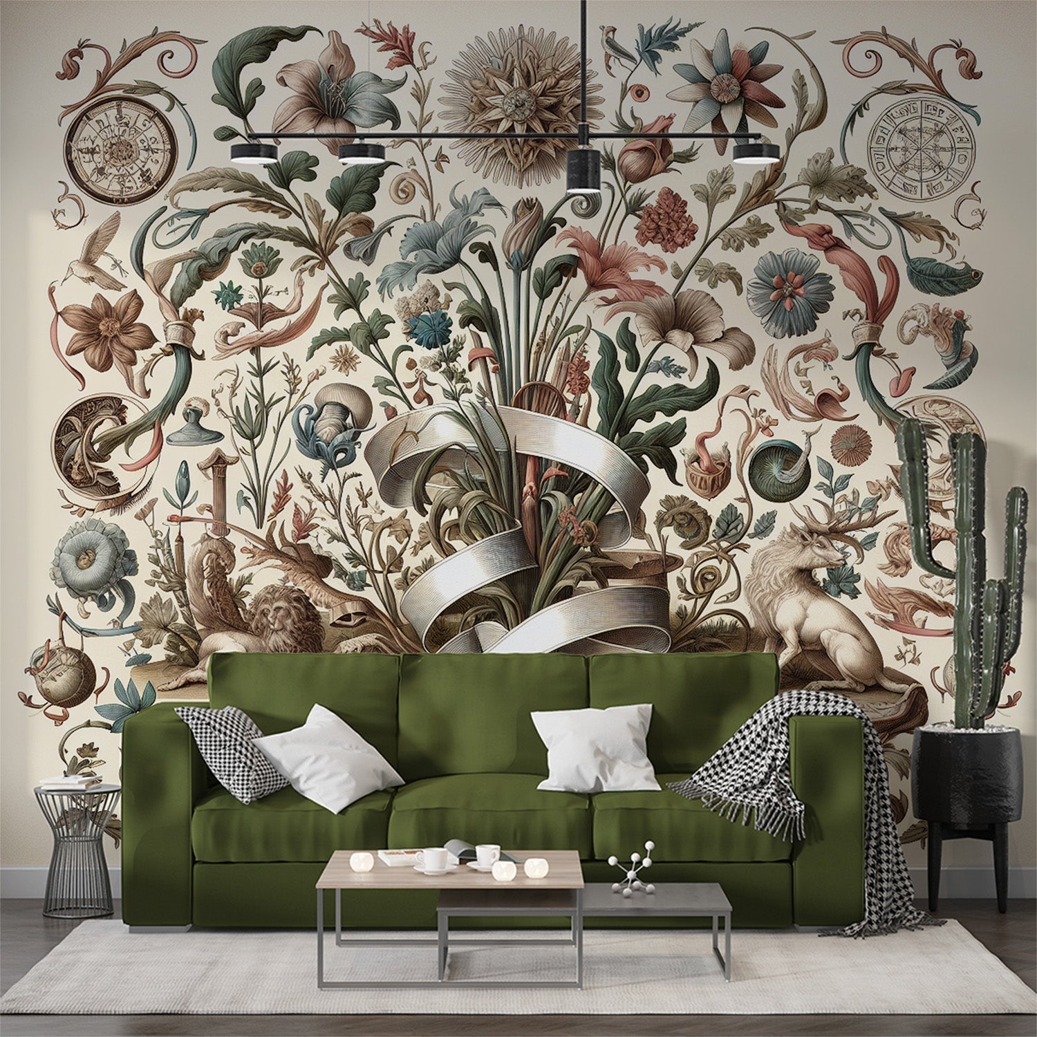 Vintage floral wallpaper creating an elegant atmosphere in a bright living room with art deco furniture and natural light