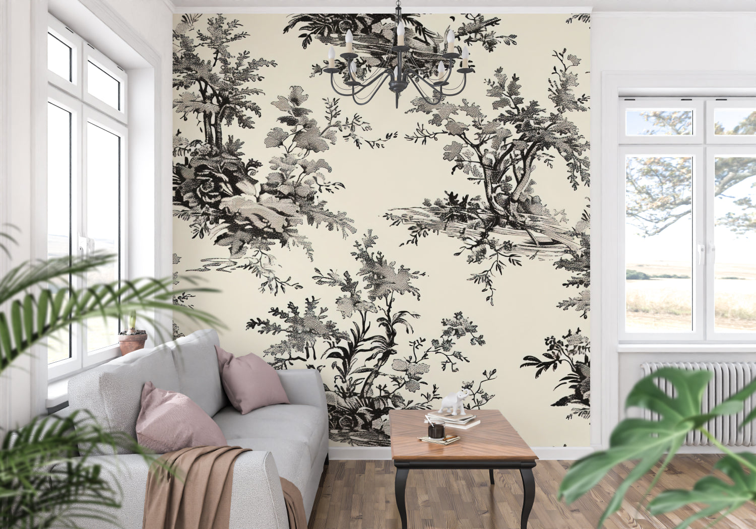 Black and white Toile de Jouy wallpaper in an elegant dining room with crystal chandelier