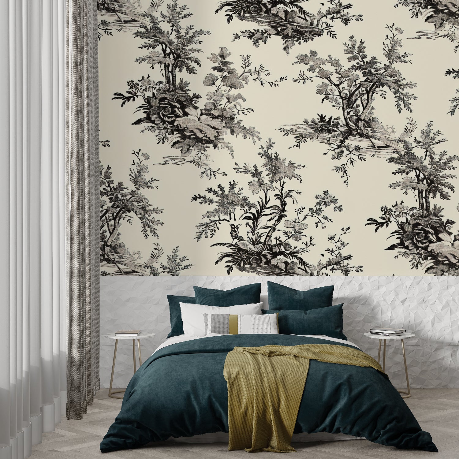 Vintage floral wallpaper creating a focal wall in master bedroom with brass accents