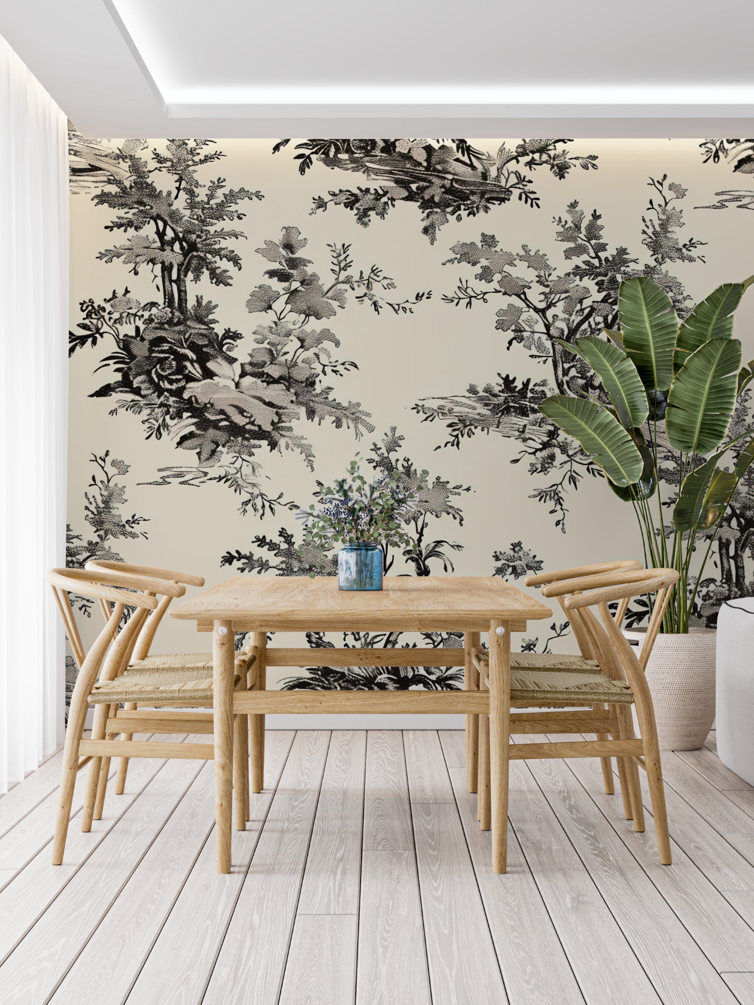 Toile de Jouy pattern wallpaper in home office with minimal furniture