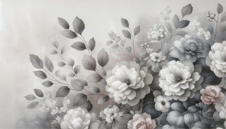 Floral Mural Wallpaper  Monochrome Botanical Art with Blush Accents - Detailed wallpaper pattern view