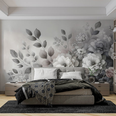 Floral Mural Wallpaper  Monochrome Botanical Art with Blush Accents - Premium wallpaper design showcase