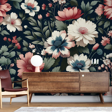 Floral Mural Wallpaper  Vintage Cosmos on Navy Background - Premium wallpaper design showcase