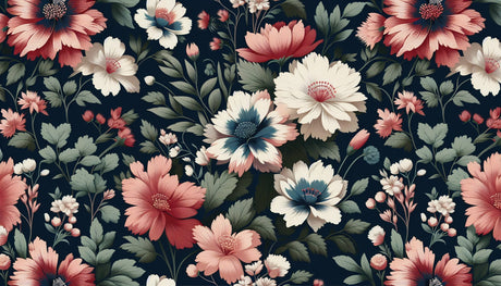 Floral Mural Wallpaper  Vintage Cosmos on Navy Background - Detailed wallpaper pattern view