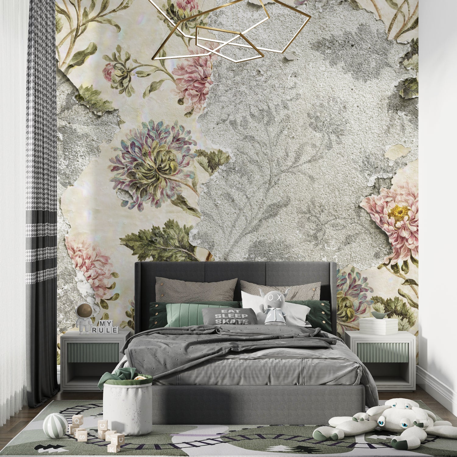 Concrete floral wall mural in bedroom creating cozy atmosphere with vintage botanical design