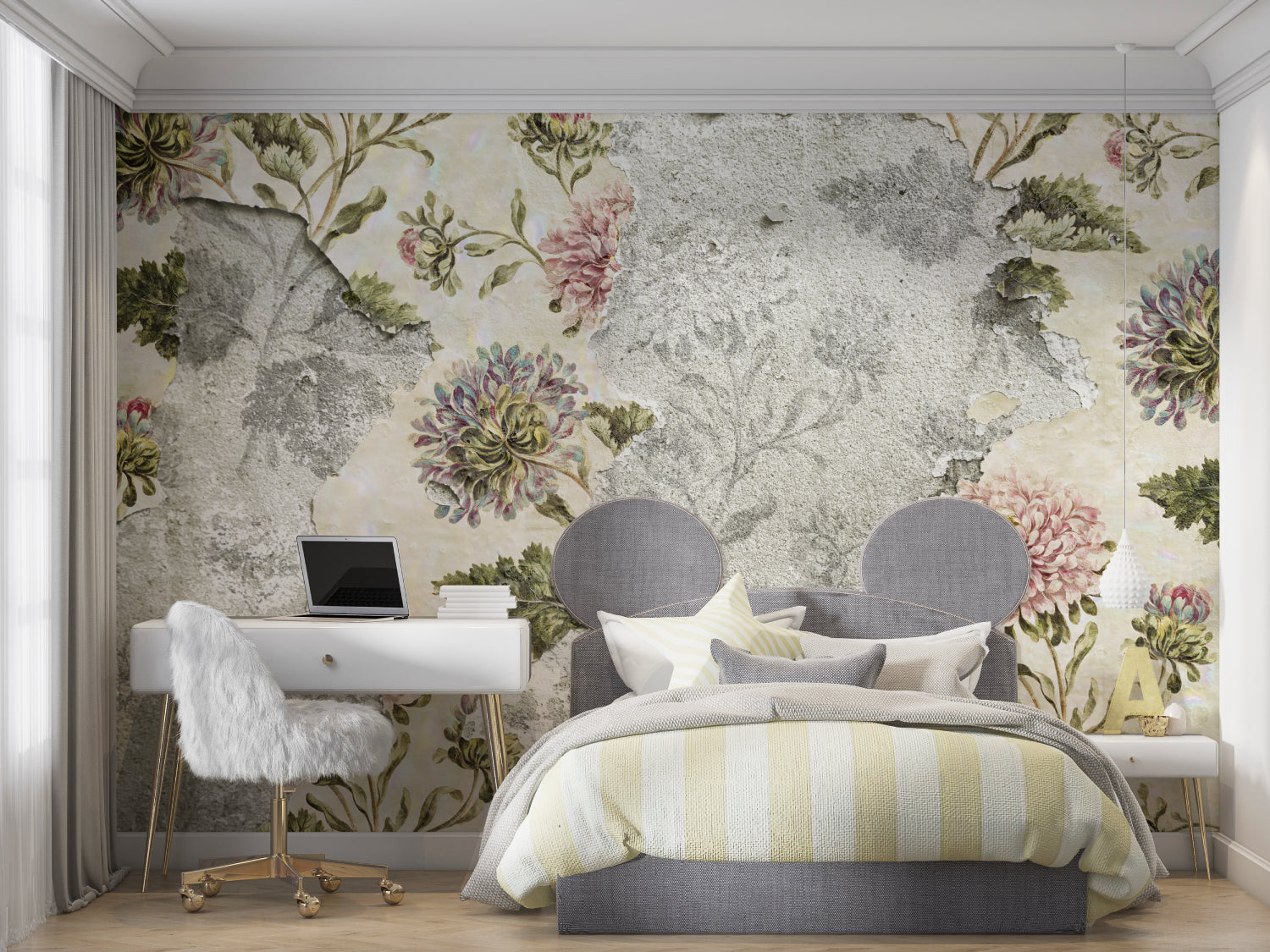 Floral concrete wallpaper in hallway showing detailed bloom pattern and texture