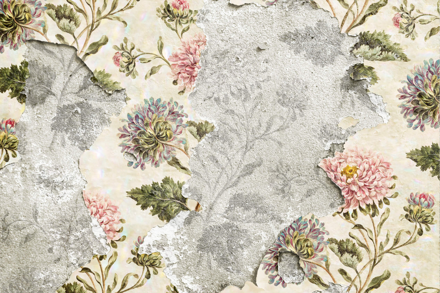 Design file of vintage floral wallpaper showing concrete texture and botanical pattern