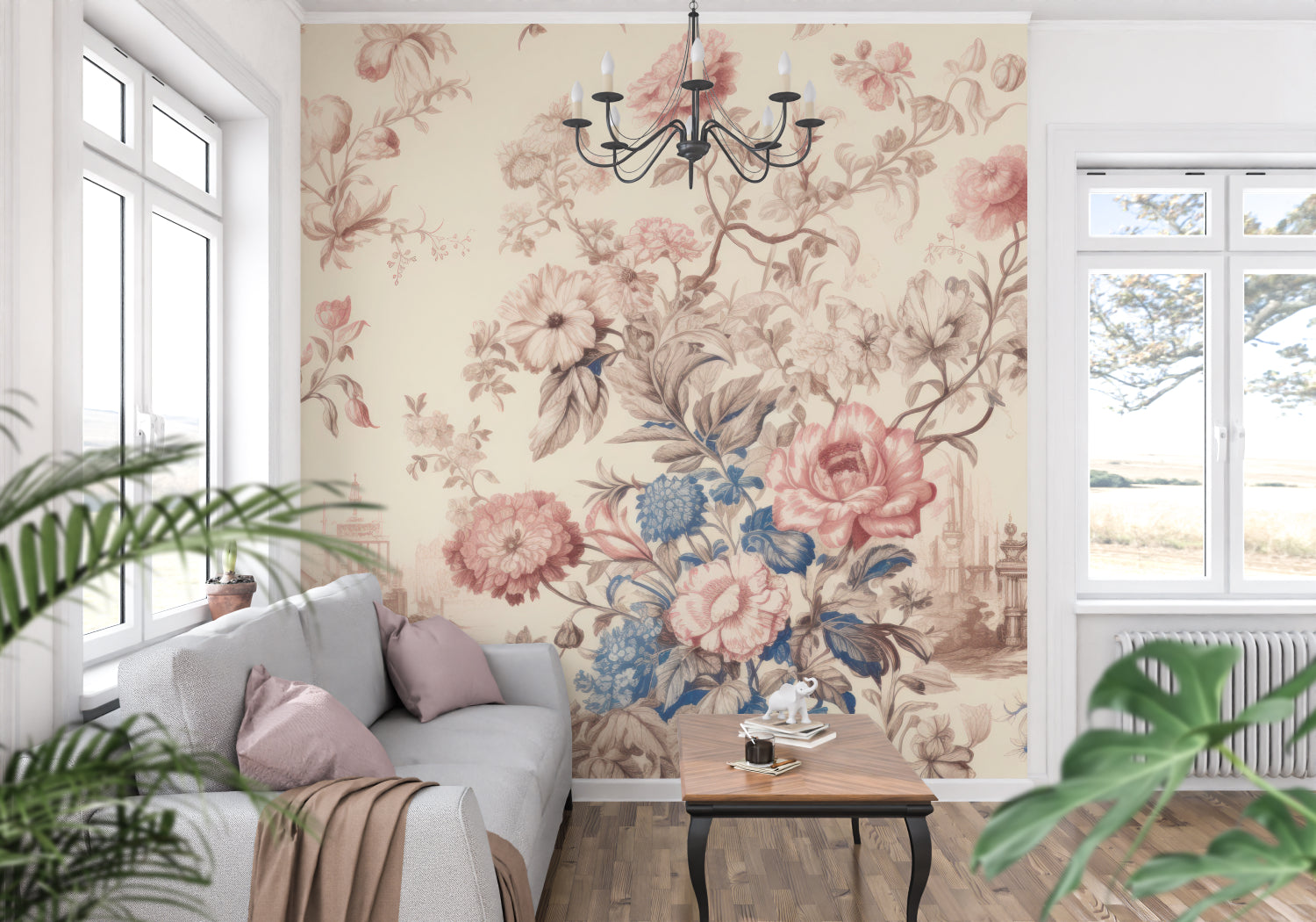 Vintage floral mural creating soft ambiance in master bedroom with antique furniture