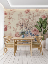 Classic Toile pattern wall mural in powder room with brass fixtures