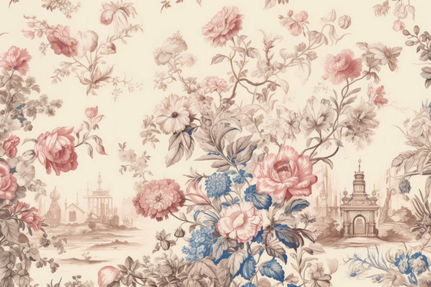 French Toile de Jouy design file showing detailed floral pattern with blue and pink color scheme