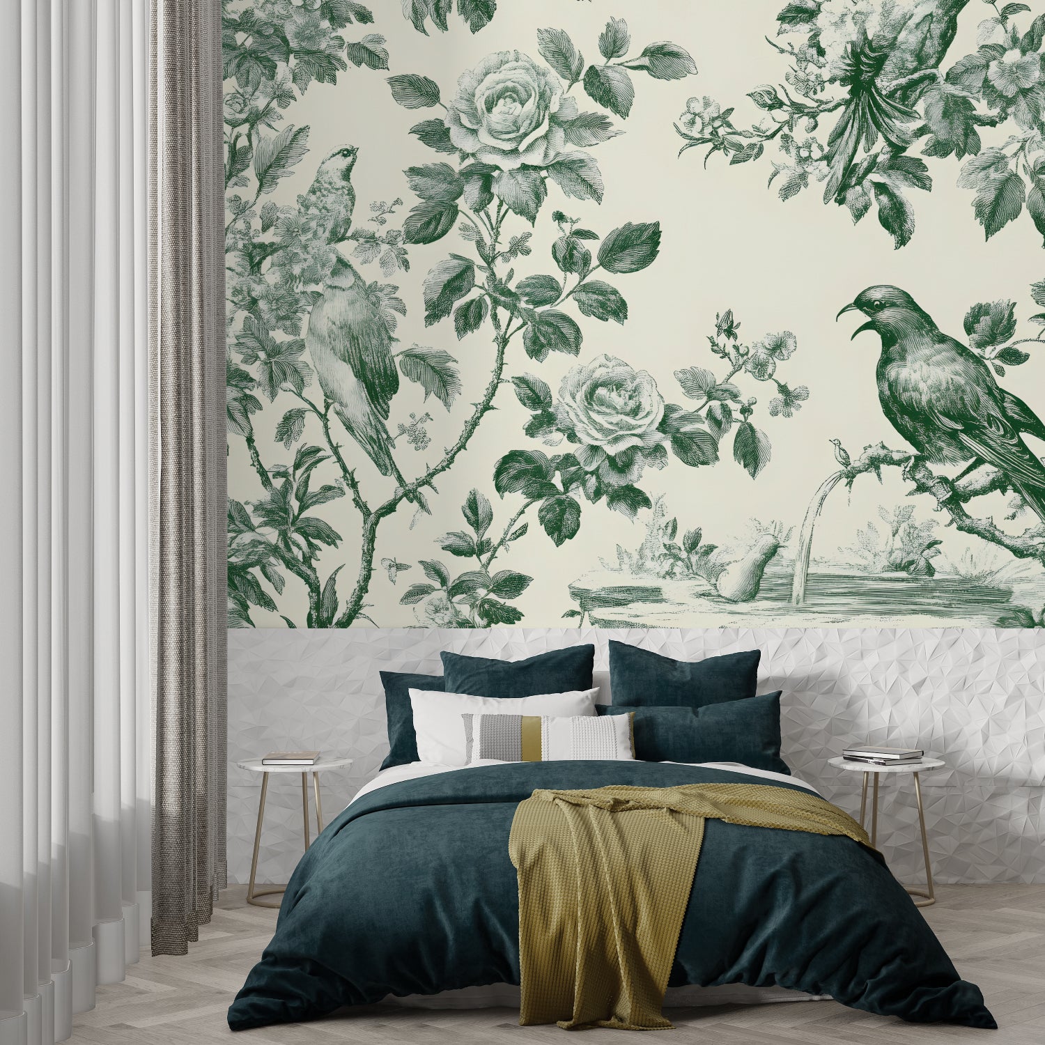 Vintage green toile wallpaper with birds in a bright dining room, showing elegant French country style