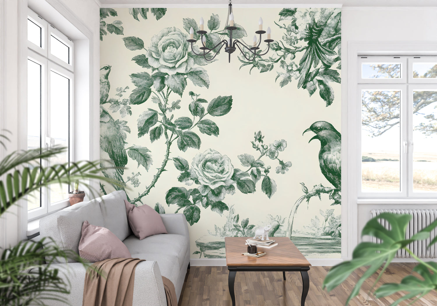 Green birds and roses wallpaper in a reading nook setting