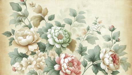 Floral Mural Wallpaper  Vintage Peony and Chrysanthemum Design - Detailed wallpaper pattern view