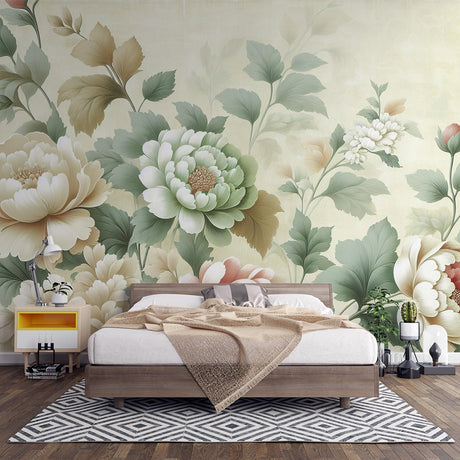 Floral Mural Wallpaper  Vintage Peony and Chrysanthemum Design - Premium wallpaper design showcase