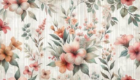 Floral Mural Wallpaper  Vintage Coral Blooms With Sage Leaves - Detailed wallpaper pattern view
