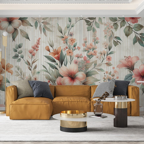 Floral Mural Wallpaper  Vintage Coral Blooms With Sage Leaves - Premium wallpaper design showcase