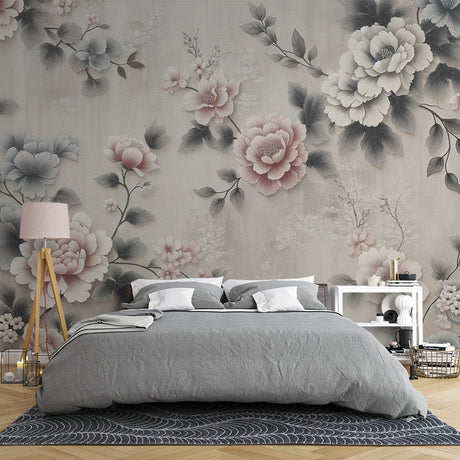Floral Mural Wallpaper  Vintage Pink and Grey Peony Design - Premium wallpaper design showcase