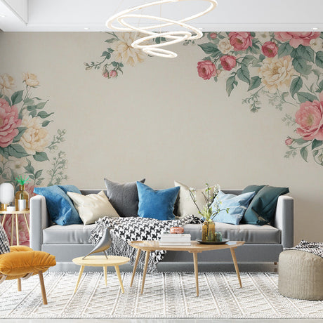 Floral Mural Wallpaper  Vintage Pink and Cream Roses Design - Premium wallpaper design showcase