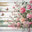 Pink rose and butterfly wallpaper mural creating a garden feel in a bright dining room with white furniture