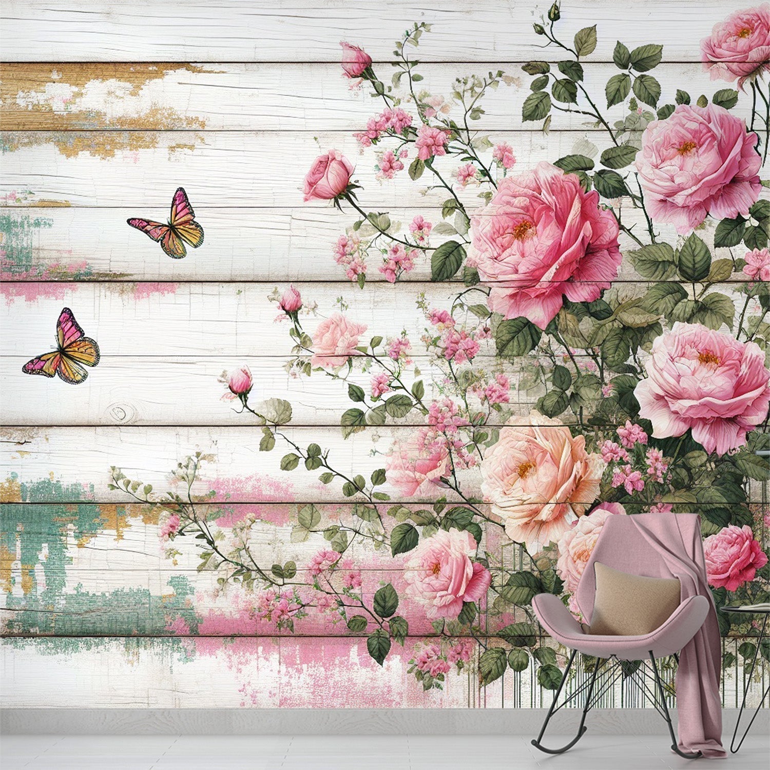 Pink rose and butterfly wallpaper mural creating a garden feel in a bright dining room with white furniture