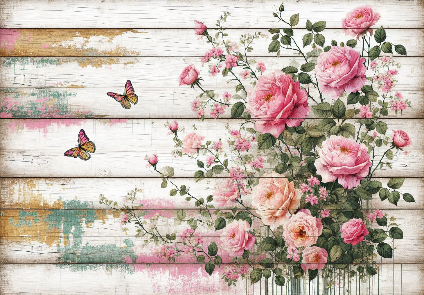 Vintage floral wallpaper design file showing detailed pink roses and butterflies on weathered wood background