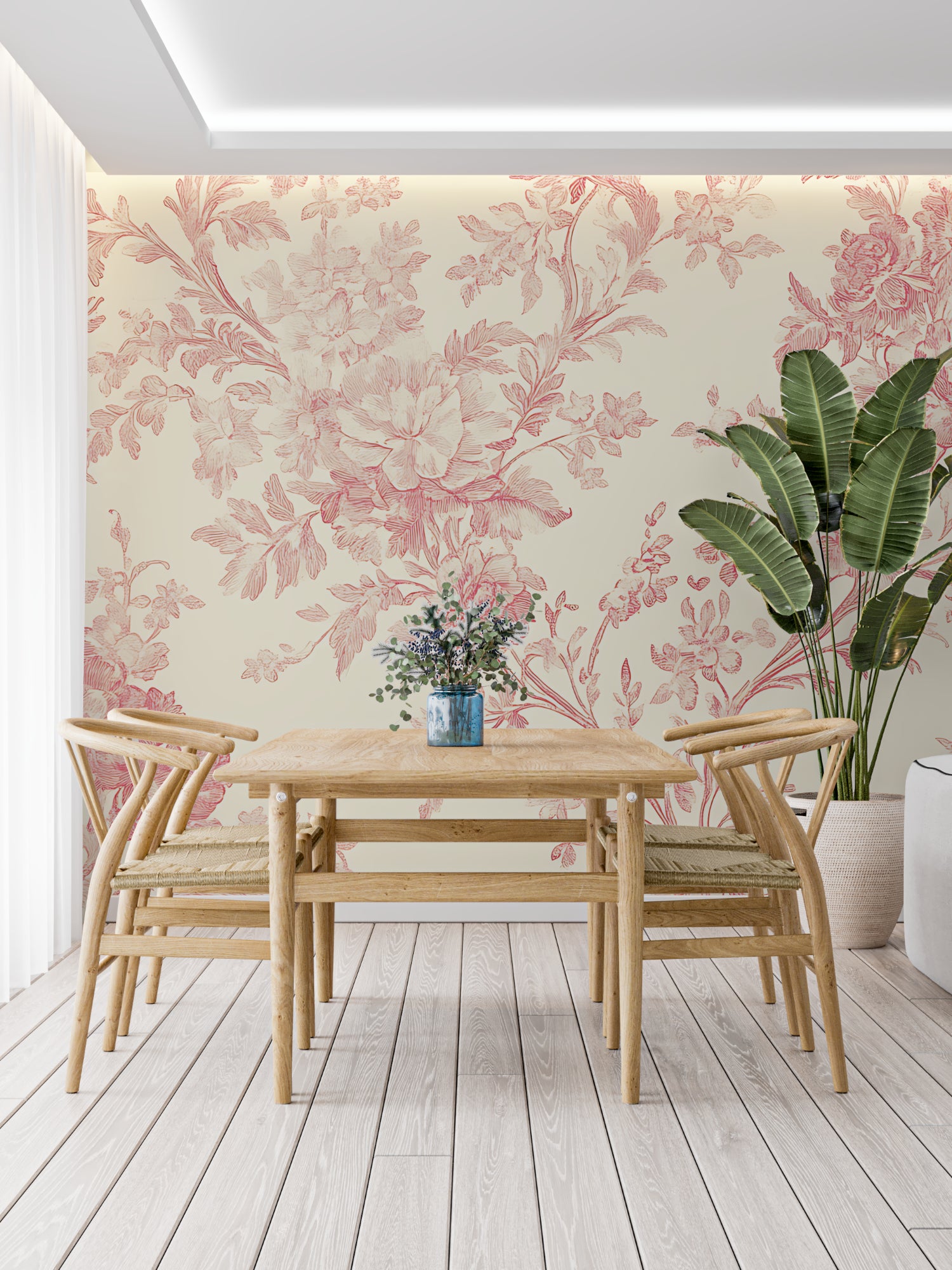 Pink Toile de Jouy wallpaper in a bright master bedroom, showing elegant floral pattern against white furniture