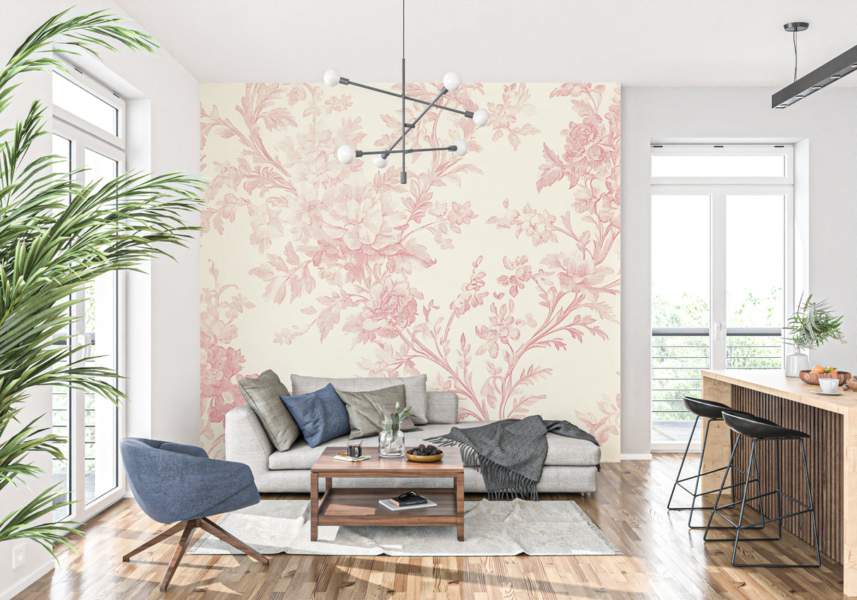 French country living room with pink floral wallpaper creating a cozy reading nook