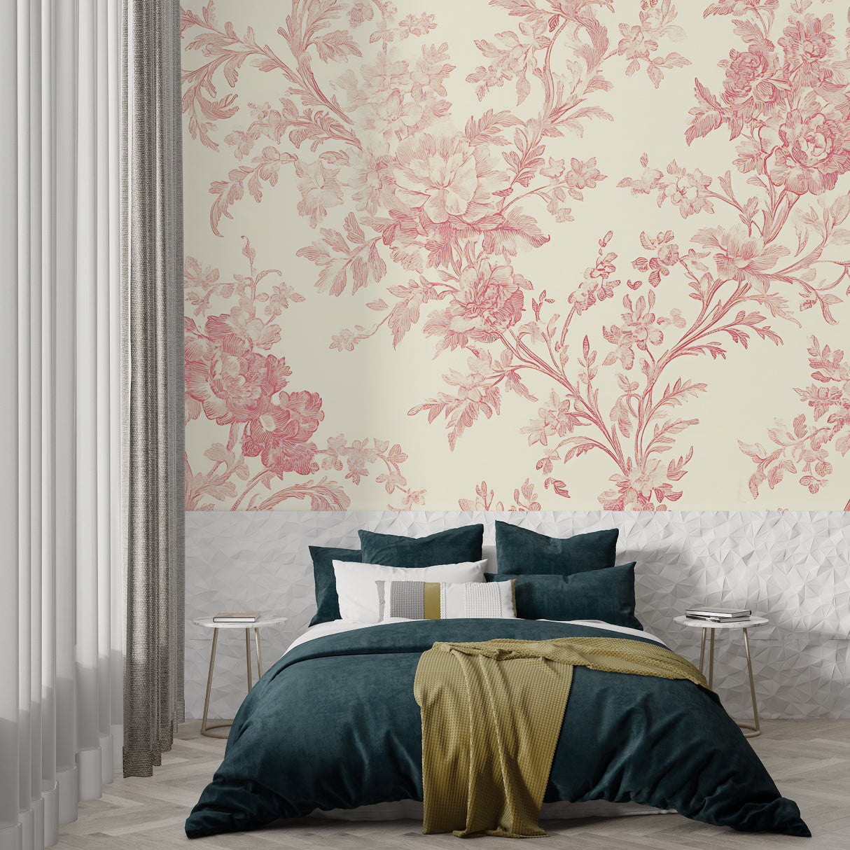 Dining room featuring pink Toile de Jouy wallpaper paired with classic wooden furniture