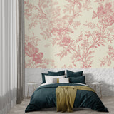 Dining room featuring pink Toile de Jouy wallpaper paired with classic wooden furniture