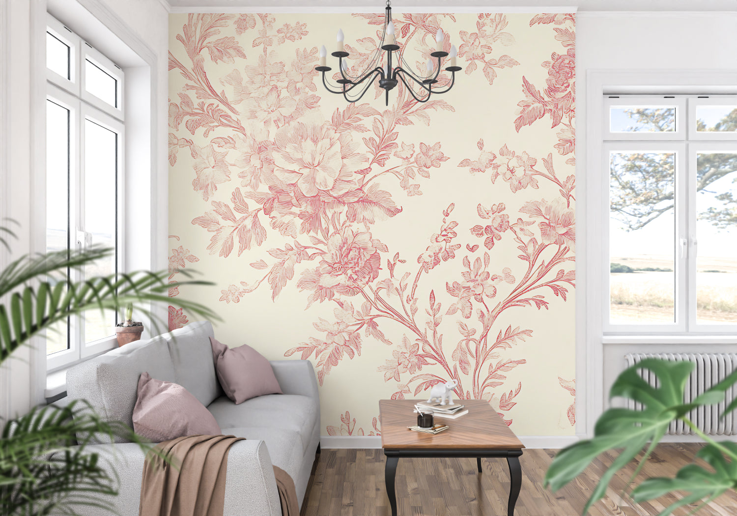 Home office with vintage floral wallpaper showing soft pink botanical patterns