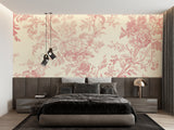 Powder room transformed with pink Toile de Jouy pattern wallpaper