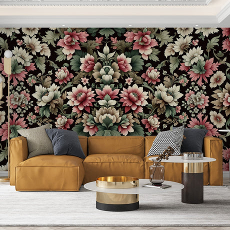 Floral Mural Wallpaper  Vintage Botanical Pattern in Pink and Cream - Premium wallpaper design showcase
