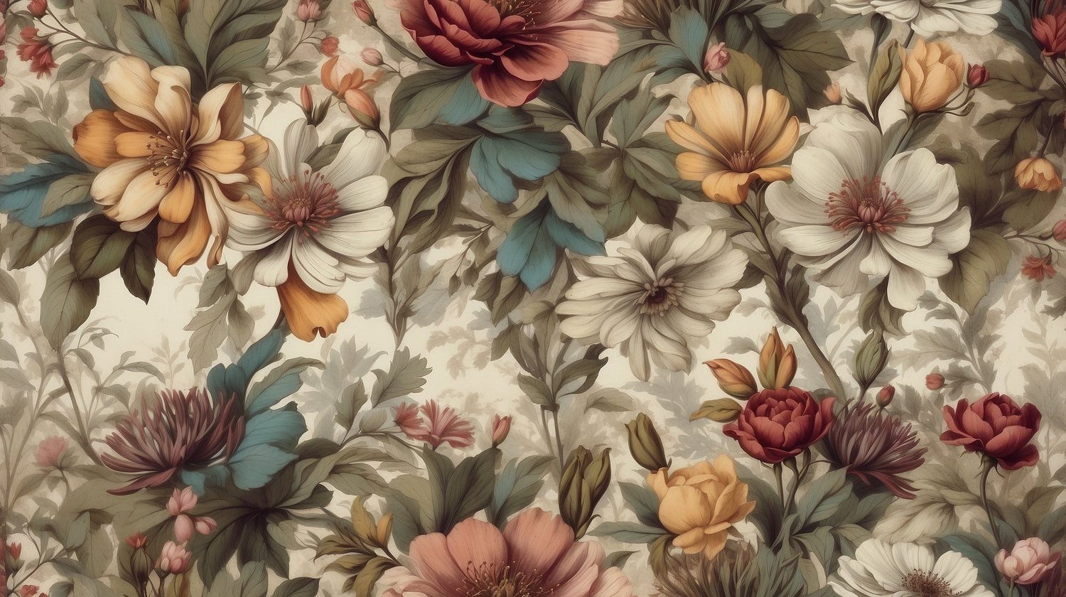 Autumn flowers wallpaper design file with burgundy roses and golden daisies on warm beige background