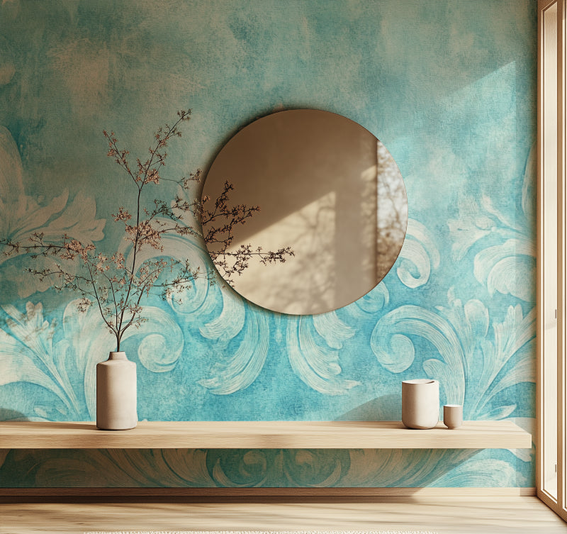 Turquoise Art Nouveau wallpaper in modern living room setting