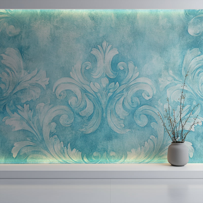Art Nouveau turquoise wallpaper in boutique hotel entrance