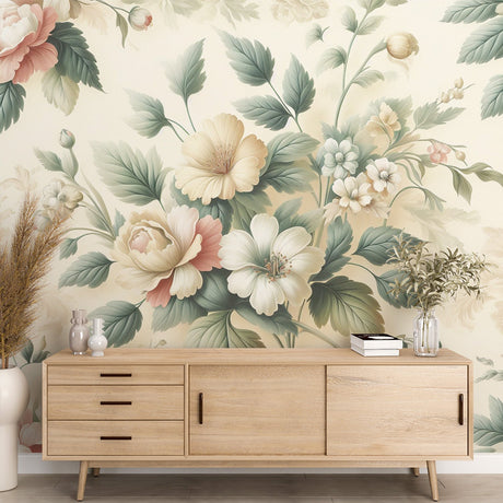 Floral Mural Wallpaper  Vintage Pastel Blooms with Sage Leaves - Premium wallpaper design showcase