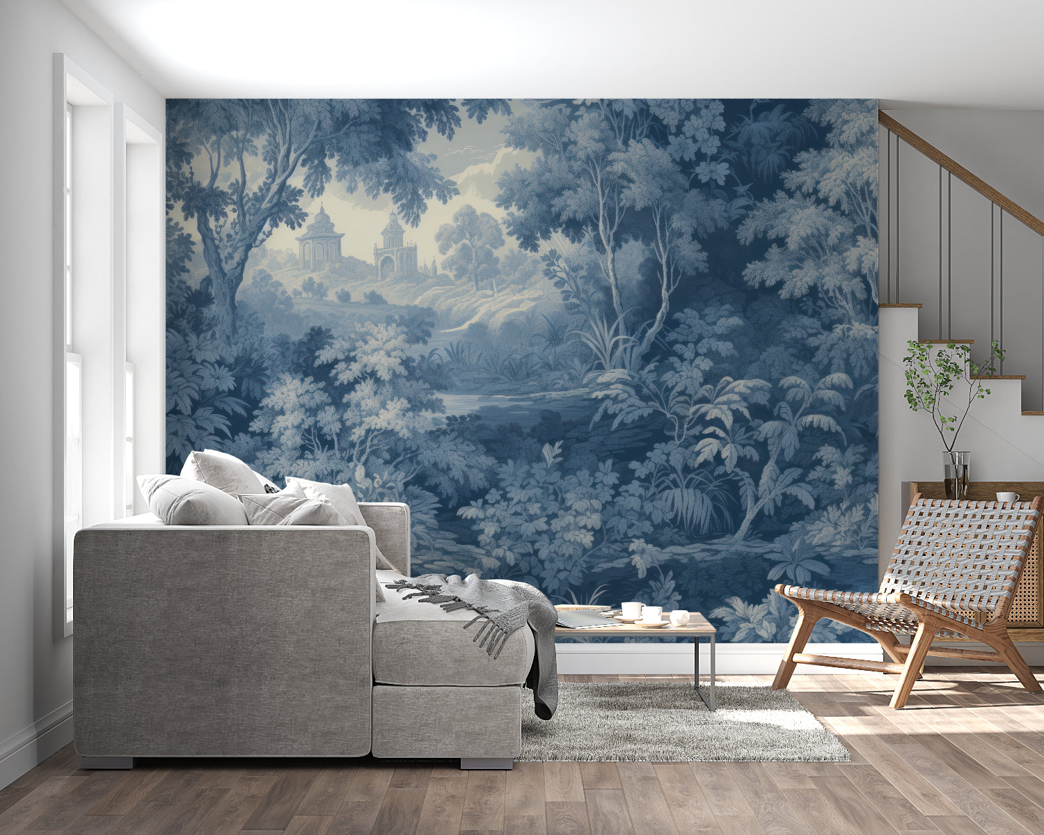Vintage Forest Mural Wallpaper creating depth in a modern living room with blue and gold accents