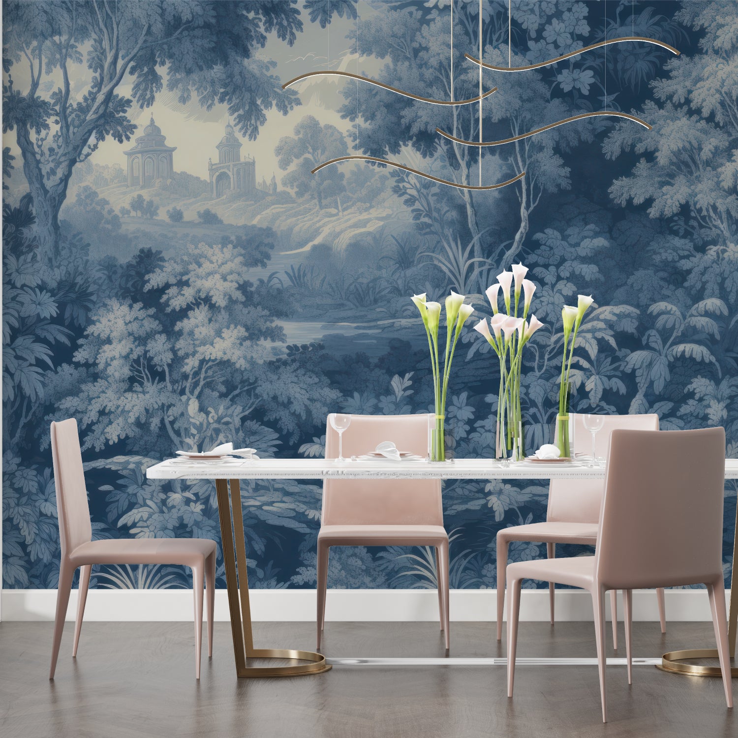 Classical landscape wallpaper in an elegant dining room with soft lighting