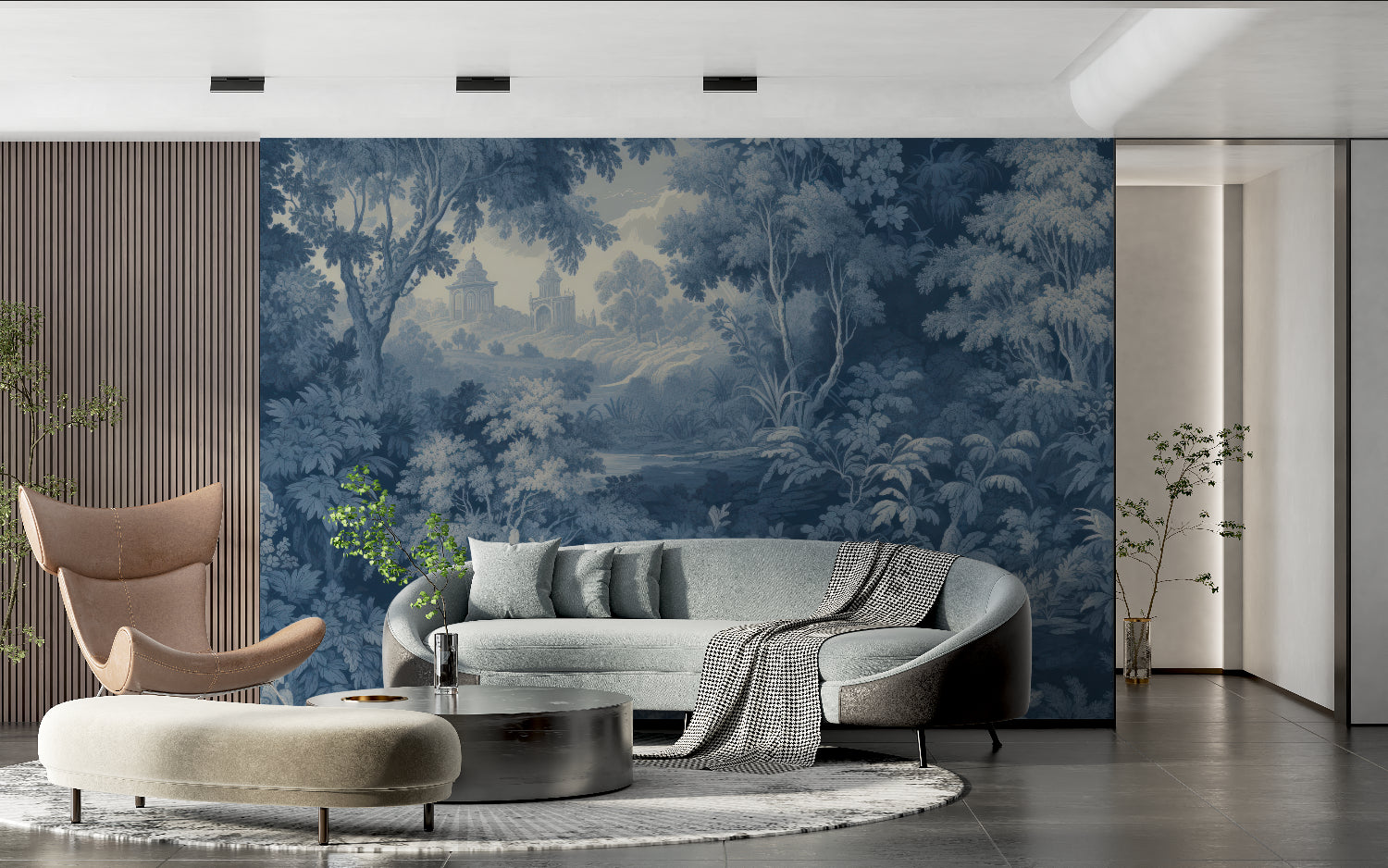 Blue and gold forest mural adding sophistication to a master bedroom