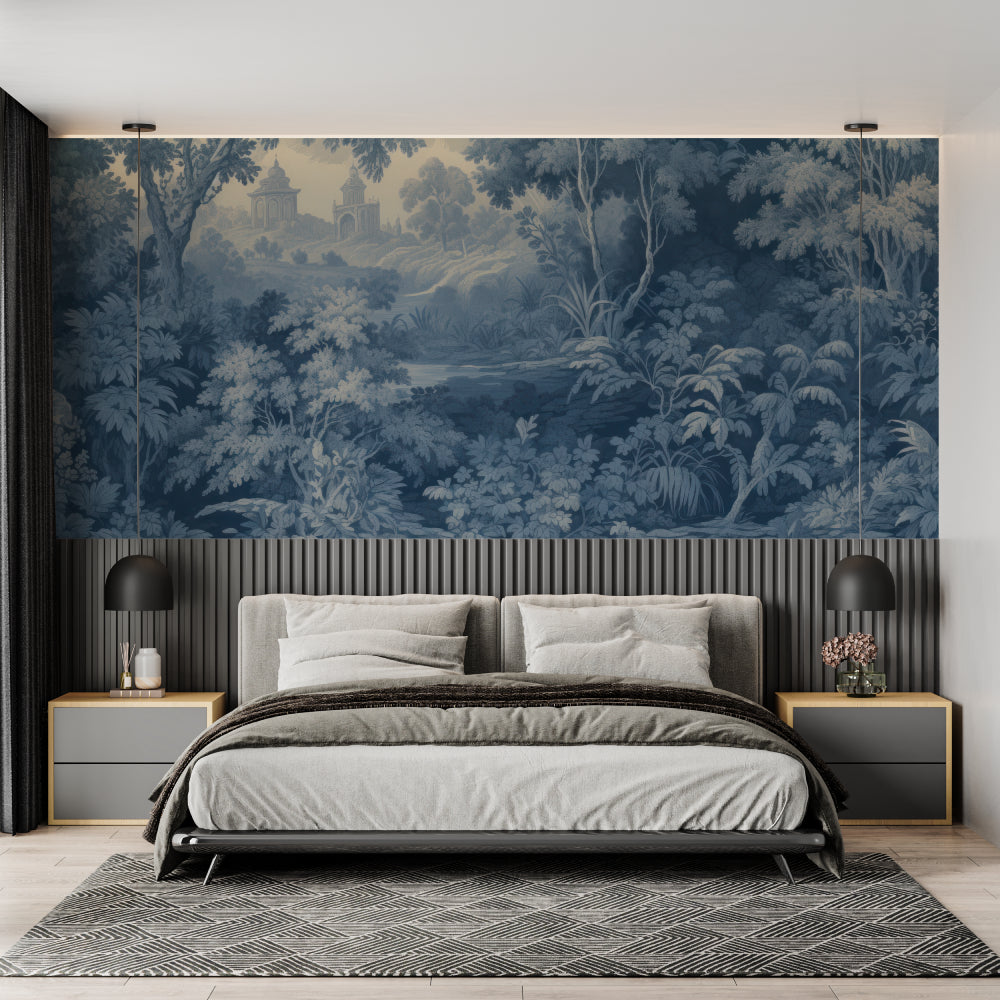 Classical forest mural transforming a hallway with panoramic views